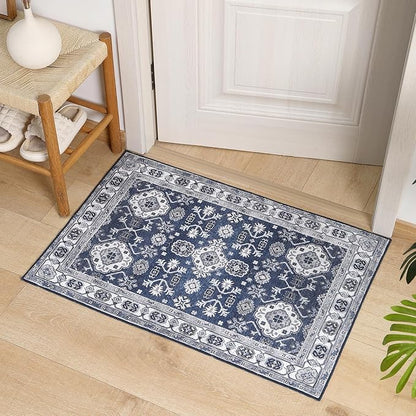VK VK·LIVING Entryway Washable Rug 2'x3' Small Boho Bathroom Throw Area Rug Non Slip Doormat Indoor Front Door Machine Washable Carpet for Bathroom Kitchen Vintage (Navy)