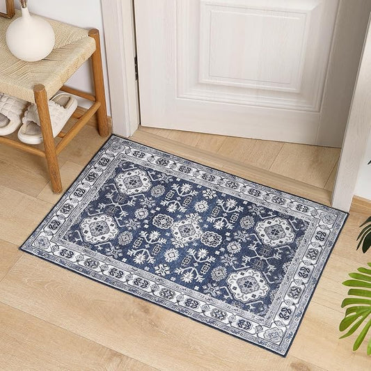 VK VK·LIVING Entryway Washable Rug 2'x3' Small Boho Bathroom Throw Area Rug Non Slip Doormat Indoor Front Door Machine Washable Carpet for Bathroom Kitchen Vintage (Navy)