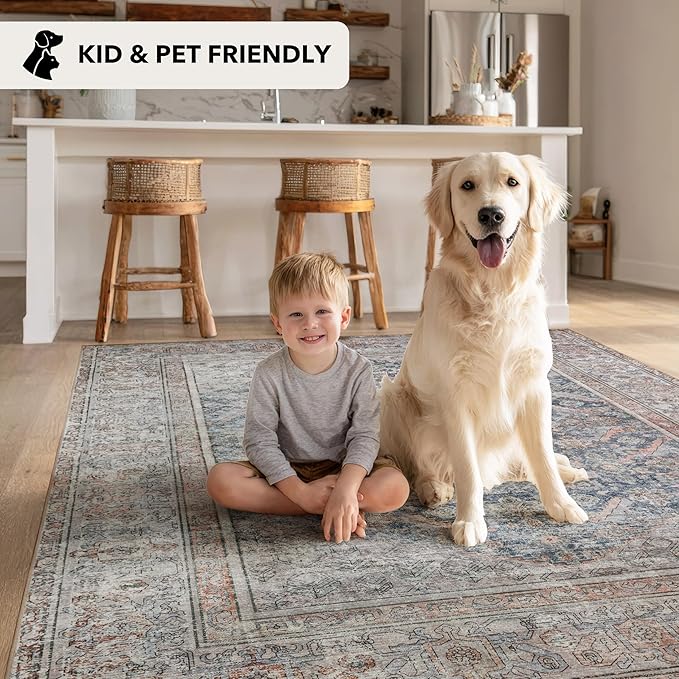 Kuden 2'6"x7' Runner Rug, Machine Washable Area Rug with Non-Slip Backing, Vintage Style, Soft, Easy Clean, Low Pile Rug for Hallway, Entryway, Kitchen, Bedroom