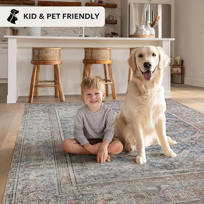 Kuden 4x6 Area Rug, Machine Washable Area Rug with Non-Slip Backing, Vintage Style, Soft, Easy Clean, Low Pile Rug for Living Room, Bedroom, Dining Room