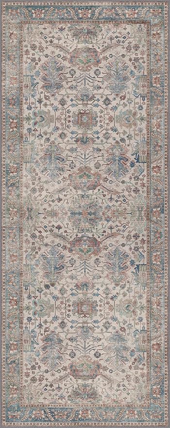 Bavni Runner Rug, Machine Washable Rugs for Bedroom 2x5, Non Slip Boho Rugs with Rubber Backing, Ultra-Thin Folable Rug Runner for Hallways Bathroom, Blue/Ivory