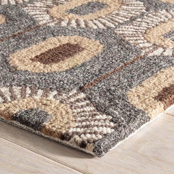 Dash & Albert Stowe Hand Micro Hooked Wool Rug, 5 X 8 Feet, Blue/Browns Geometric Pattern