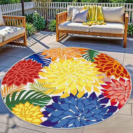 Colorful 6FT Outdoor Round Area Rug Washable Rugs Multicolored Patio Rug Tropical Botanical Floral Chenille Waterproof Outdoor Carpet for RV, Pool Deck, Backyard, Porch, Rainbow