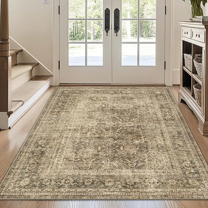 FMFUNCTEX 4x6 Washable Area Rug Neutral Vintage Brown Non Slip Low Pile Traditional Indoor Carpet for Entryway Living Room Bedroom Soft Retro Floral Mat Throw Rug for Dining Office Kitchen Entryway
