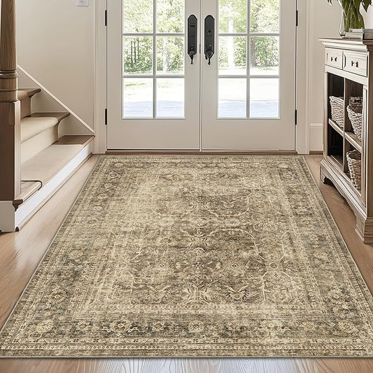 FMFUNCTEX 4x5 Washable Area Rug Neutral Vintage Brown Non Slip Low Pile Traditional Indoor Carpet for Entryway Living Room Bedroom Soft Retro Floral Mat Throw Rug for Dining Office Kitchen Entryway