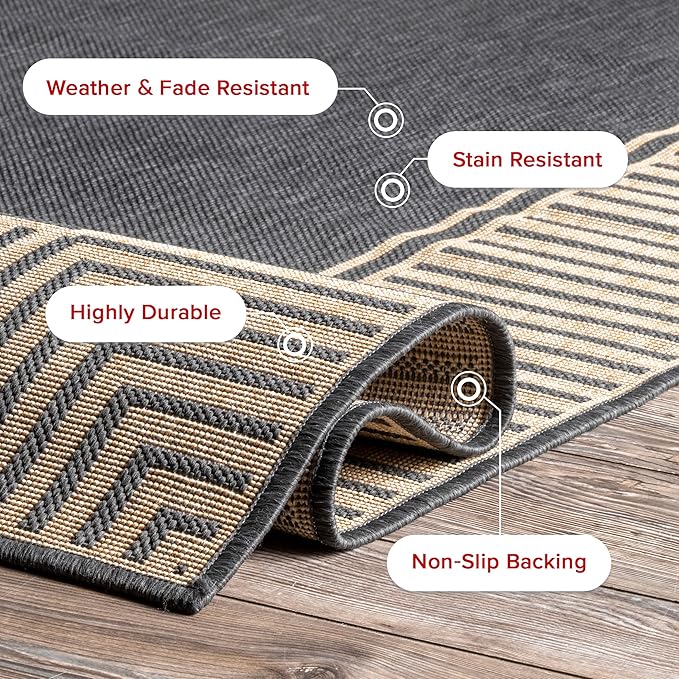 Nuloom Asha Dark Grey/Ivory, 10' x 13', Casual, Striped Border, Soft and Cozy, High Traffic, Stain Resistant, Easy Clean, Durable Area Rug for Indoor/Outdoor Patio, Deck, Porch, Garden, Courtyard