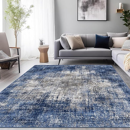 GENIMO Washable Area Rugs for Living Room, 9x12 Modern Non Slip Rugs, Low Pile Lightweight Soft Print Rug for Bedroom, Dining Room, Home Office, Washed Blue&Gray