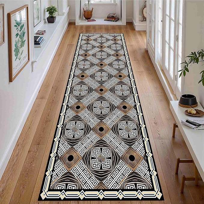 Classic Geometric Runner Rug, 2.6x10ft, Greek Key Print Runners Rugs, Vintage Moroccan Checkered Carpet, Cozy Short Pile No Crease Farmhouse Rugs for Living Room Laundry