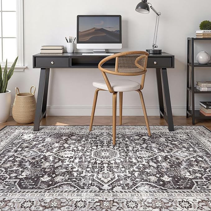 9x12 Area Rug Living Room: Washable Boho Large Vintage Moody Soft Rugs Distressed Oriental Stain Resistant Non-Slip Indoor Floor Carpet for Bedroom Playroom Office Dining Room Retro Home House- Black