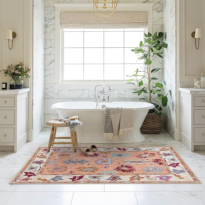 Fame Living Orange Green Oushak Rug, Modern, Vintage, Turkish, Eclectic, Floral, Pastel, Washable, Area Rugs for Living Room, Dining, Bedroom, Office, Entryway, Foyer, Playroom, Nursery, 5'x6'9"