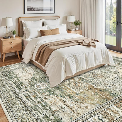 Washable Area Rug 8x10, Large Soft Rugs for Living Room Farmhouse Vintage Area Rugs for Bedroom Dining Room Non-Slip Stain Resistant Under Table Rug Olive Beige