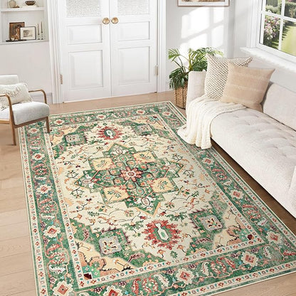 Area Rug 5x7 Washable Rug, Vintage Boho Medallion Rugs Non-Slip Soft Low Pile Large Distressed Rug Indoor Retro Carpet for Living Room Bedroom Dining Room Home Office (Green Beige, 5'x7')