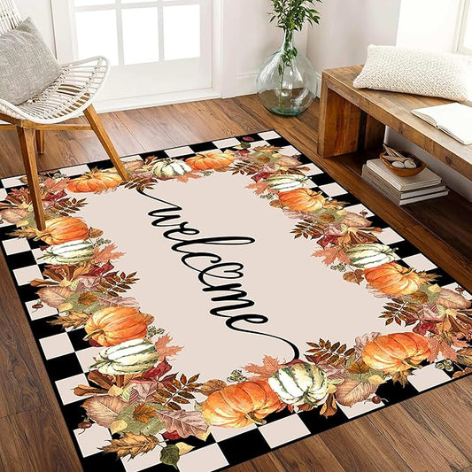 Checkered Area Rugs, 5x7ft, Black and White Check with Fall Leaves Pumpkin Autumn Harvest Carpet, Entrance Rubber Non Slip Breathable Fall Rug for Dining Room Laundry