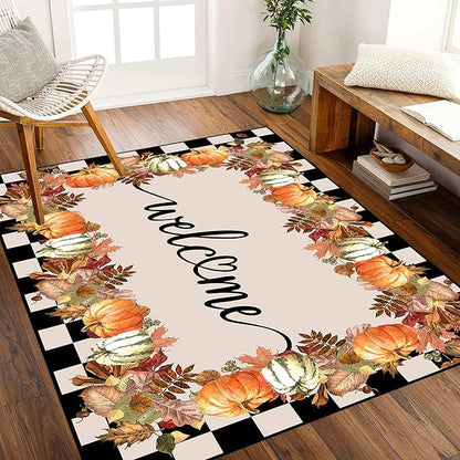 Checkered Area Rugs, 6x8ft, Black and White Check with Fall Leaves Pumpkin Autumn Harvest Carpet, Entrance Rubber Non Slip Breathable Fall Rug for Dining Room Laundry