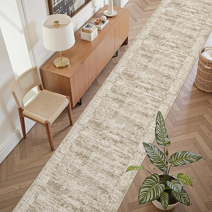 Runner Rug 2'6" x 12' Washable Non-Slip Runner Rugs for Kitchen Bathroom Laundry Room Vintage Ultra Thin Runners for Hallway Entryway Brown