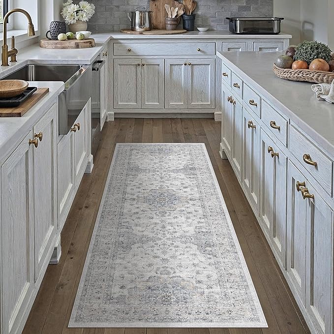 HUGEAR Machine Washable Hallway Runner Rugs 2x6 Vintage Blue Neutral Style Non Slip Stain Resistant Low Pile Throw Carpet for Bedroom Kitchen Retro Aesthetic Modern Decor