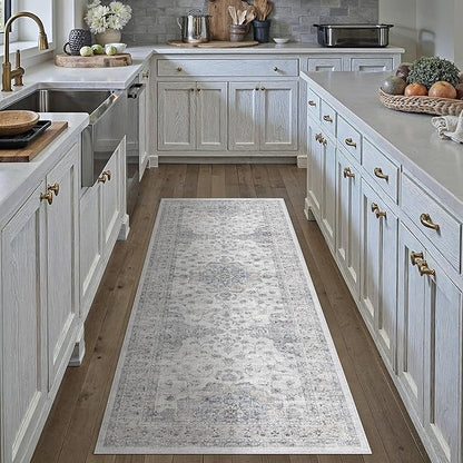 HUGEAR Machine Washable Hallway Runner Rugs 2x6 Vintage Blue Neutral Style Non Slip Stain Resistant Low Pile Throw Carpet for Bedroom Kitchen Retro Aesthetic Modern Decor