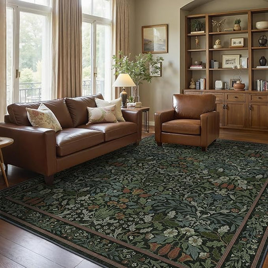 Bavni Floral Dark Green Area Rugs 6x9, Vintage Boho Carpet Machine Washable, Non Slip Soft Low Pile Thin Rug for Bedroom, Living Room, Dining Room, Nursery