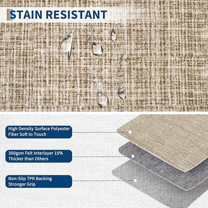 GarveeHome Washable Area Rug 4x6 Small Living Room Rugs Modern Bordered Soft Dining Room Throw Carpet Low Pile Non Slip Checkered Bedroom Rug Geometric Carpet for Nursery Kitchen Home Office, Taupe