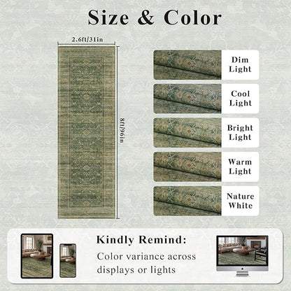 2.6x8 Runner Rug for Hallways Vintage Distressed Non Slip Long Carpet Floral Boho Distress Print Pattern Mat Lightweight Retro Accent Throw Carpet for Kitchen Bedroom Bedside Laundry Room-Green
