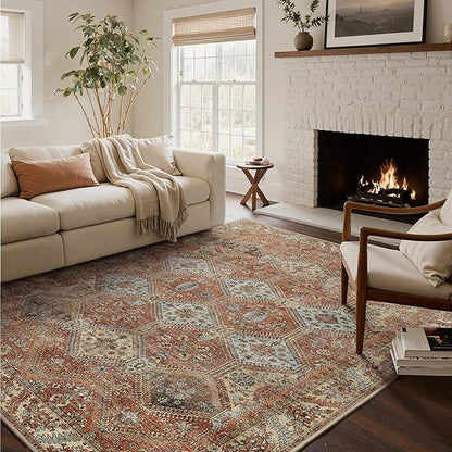 Bavni Clearance 6x9 Area Rugs for Living Room, Machine Washable Rug Non Slip, Vintage Chenille Distressed Print Carpet, Large Low Pile Ultra-Thin Lightweight Rugs for Bedroom, Dining Room, Spice Sky