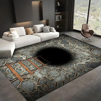 3D Deep Abyss Canyon Indoor Rug, 5x7ft, Stone Built Cave Wooden Ladder Carpet for Entryway, Durable Non-Shedding Pet Friendly Mats, Floor Decor Low Pile Easy Clean Rugs for Family