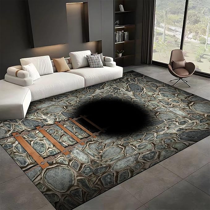 3D Deep Abyss Canyon Indoor Rug, 6x8ft, Stone Built Cave Wooden Ladder Carpet for Entryway, Durable Non-Shedding Pet Friendly Mats, Floor Decor Low Pile Easy Clean Rugs for Family