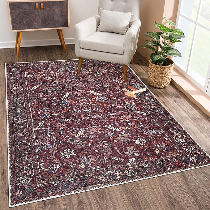 Bloom Rugs Washable Non-Slip 8' x 10' Rug - Burgundy Traditional Bordered Area Rug for Living Room, Bedroom, Dining Room, and Kitchen - Exact Size: 8' x 10'