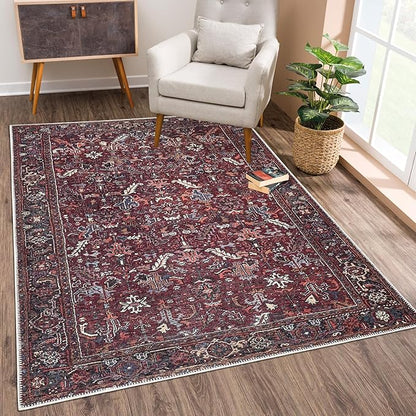 Bloom Rugs Washable Non-Slip 3' x 5' Rug - Burgundy Traditional Bordered Area Rug for Living Room, Bedroom, Dining Room, and Kitchen - Exact Size: 3' x 5'