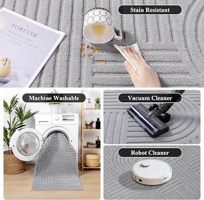 SHACOS Soft Cozy Fluffy Arch Pattern High Low Pile Area Rugs 6'x9' Large Non Slip Washable Modern Geometric Rug Scandinavian Minimalist Carpet for Living Room Bedroom Dining Room, Light Grey