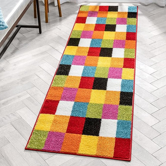 Well Woven Modern Rug Squares Multi Geometric Accent 2'3" x 7'3" Runner Entry Way Bright Kids Room Kitchen Bedroom Carpet Bathroom Soft Durable Area Rug