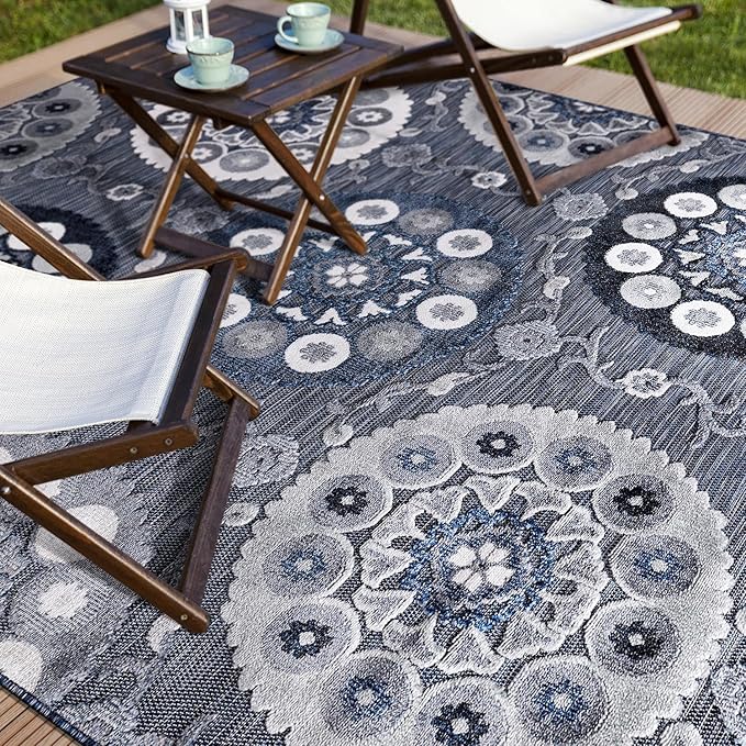 CAMILSON Indoor Outdoor Rug 10x14 Bohemian Medallion Floral Area Rugs for Indoor and Outdoor Patios Easy-Cleaning Non-Shedding Living Room Garden and Kitchen Washable Outside Carpet (10 x 14 / Navy)