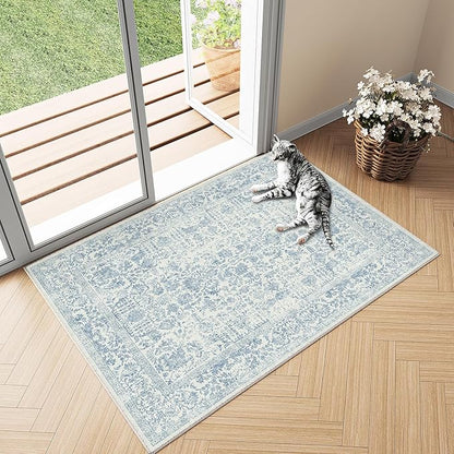 Blue Entryway Area Rug 2x3 Door Mat Machine Washable Kitchen Vintage Distressed Non Slip Carpet Indoor Retro Floral Accent Throw Small Rug for Bathroom Office Bedroom Dining Room