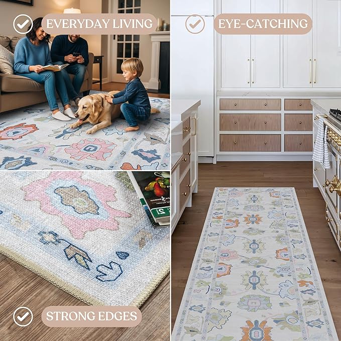 Fame Living Cream Oushak Rug, Modern, Vintage, Turkish, Eclectic, Floral, Pastel, Washable, Extra Large Area Rugs for Living Room, Dining, Bedroom, Lounge, 9'x12'