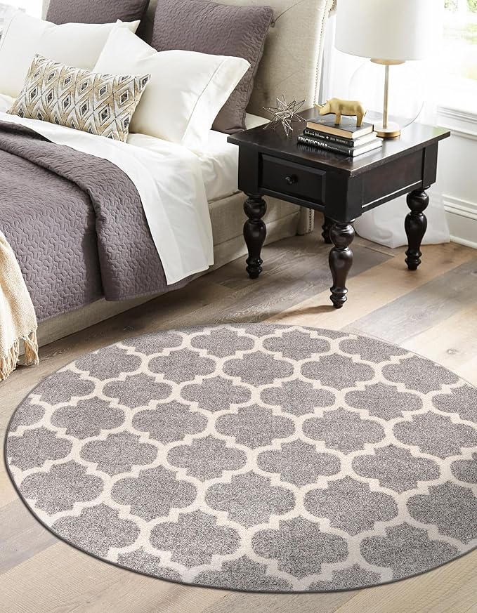 Rugs.com Lattice Collection Rug – 6 Ft Round Dark Gray Medium-Pile Rug Perfect for Kitchens, Dining Rooms