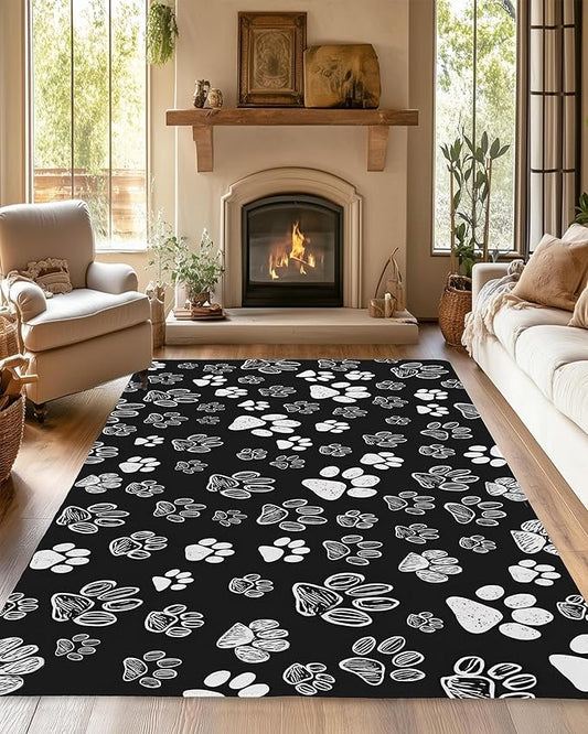 Cat Paws Black Area Rug for Living Room, Non-Slip Backing Low Pile Modern Abstract Rug for Indoor Use, 5x7 Washable Carpet