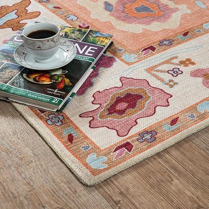 Fame Living Orange Oushak Rug, Modern, Vintage, Turkish, Eclectic, Floral, Pastel, Washable, Large Area Rugs for Living Room, Dining, Bedroom, Girls, Boys, 7'5"x9'8"
