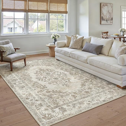 9x12 Area Rug Beige Washable Vintage Distressed Living Room Carpet Large Bedroom Indoor Medallion Floral Non Slip Retro Throw Floor Mat for Office Dining Room Kitchen Bathroom