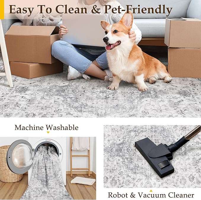 HUGEAR 2x6 Runner Rug Hallway Vintage Grey Machine Washable Neutral Floral Low Pile Carpet Vacuumable Thin Long Throw Rug Bedroom Office Bathroom Kitchen Laundry Non Slip Soft Lightweight
