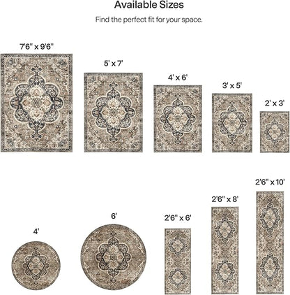 ReaLife Rugs Machine Washable Area Rug Runner - Living Room Bedroom Bathroom Kitchen Entryway Office - Padded Low Pile Stain Resistant Premium - Boho Farmhouse Vintage - Joy - Brown Beige 3' x 5'