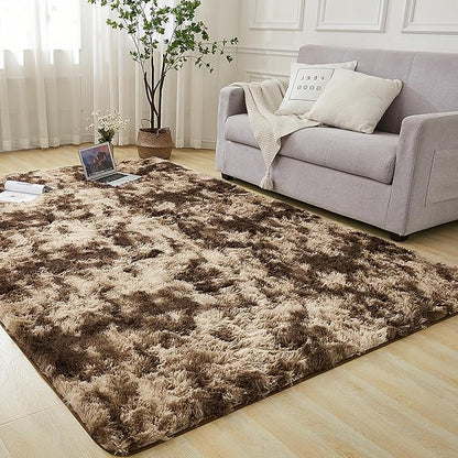 Andency Area Rugs 9x12 for Living Room Home Decor, Large Shaggy Bedroom Carpet, Non-Slip Big Shag Indoor Thick Soft Fluffy Furry Fur Area Rugs for Kids Dorm Nursery Aesthetic, Tie-Dyed Brown