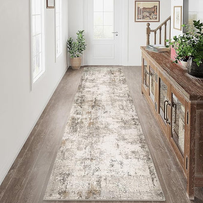 2x12 Washable Runner Rug Brown Grey Abstract Hallway Kitchen Throw Rug Neutral Modern Non Slip Soft Low Pile Carpet for Bathroom Laundry Bedroom Living Room