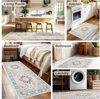 XWZO Runner Rug 2x10ft for Long Hallways, Washable Non-Slip Low Pile Area Rug with Rubber Backing, Spill Resistant Soft Vintage Floor Carpet for Kitchen Entryway Stair Landing Living Room, Colorful