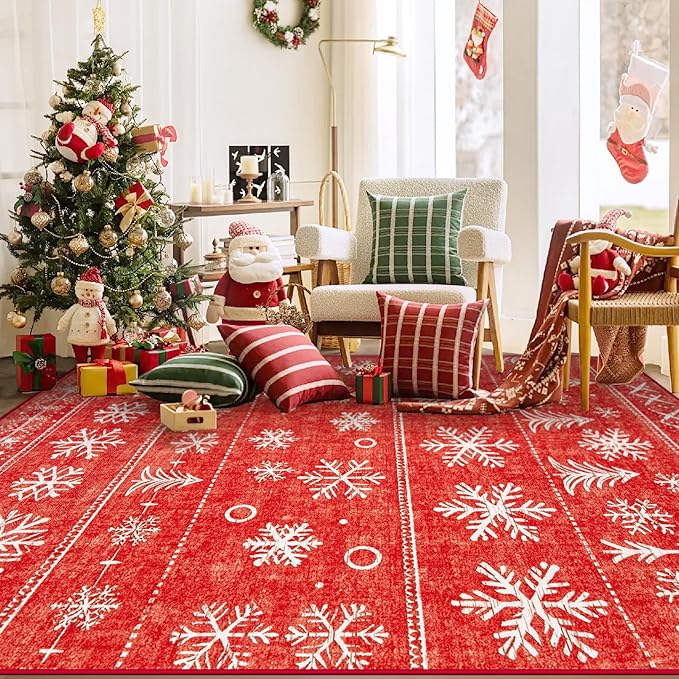 Christmas Area Rug 8x10 Living Room Rugs, Machine Washable Boho Christmas Tree Snowflake Rug Non-Slip Soft Low Pile Holiday Indoor Rugs for Bedroom Kitchen Dining Room Office(Xmas Red, 8'x10')