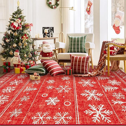 Christmas Area Rug 6x9 Living Room Rugs, Machine Washable Boho Christmas Tree Snowflake Rug Non-Slip Soft Low Pile Holiday Indoor Rugs for Bedroom Kitchen Dining Room Office(Xmas Red, 6'x9')