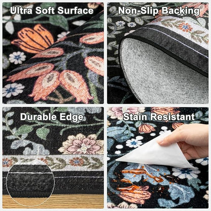 Runner Rug for Entryway: 2.6x8 Kitchen Rugs Non Slip Washable Ultra-Thin Soft Floral Carpet Indoor Stain Resistant Carpets for Hallway Bedroom Kitchen Laundry Bathroom Dorm Dark Black