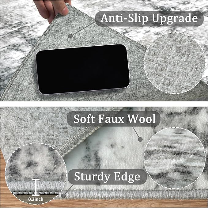 6x9 Machine Washable Area Rug for Living Room, Grey Modern Vintage Abstract Rug Large Non-Slip Low Pile Soft Faux Wool Carpet, Kids and Pets Friendly for Bedroom Dining Room Farmhouse Home Decor Rug