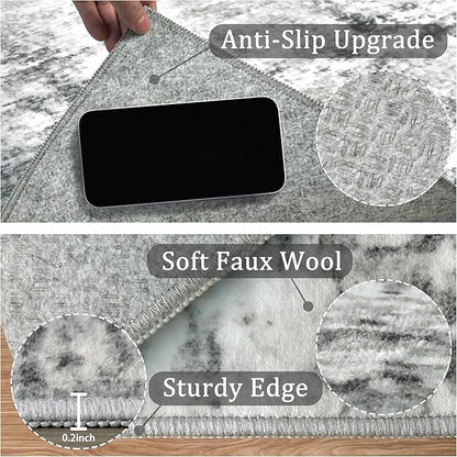 6x9 Machine Washable Area Rug for Living Room, Grey Modern Vintage Abstract Rug Large Non-Slip Low Pile Soft Faux Wool Carpet, Kids and Pets Friendly for Bedroom Dining Room Farmhouse Home Decor Rug