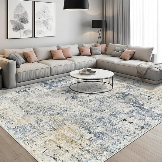 Abstract Rug 5x7 Machine Washable Area Indoor Blue Yellow Low Pile Non-Slip Foldable Thin Accent Rugs for Bedroom Living Room Dining Room
