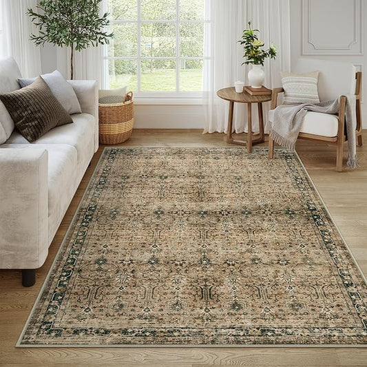 Moynesa Vintage Brown Washable 5x7 Area Rugs for Living Room, Boho Area Rug for Bedroom Dining Room Kitchen, Low Pile Soft Non-Slip Retro Carpets for Office Indoor Nursery